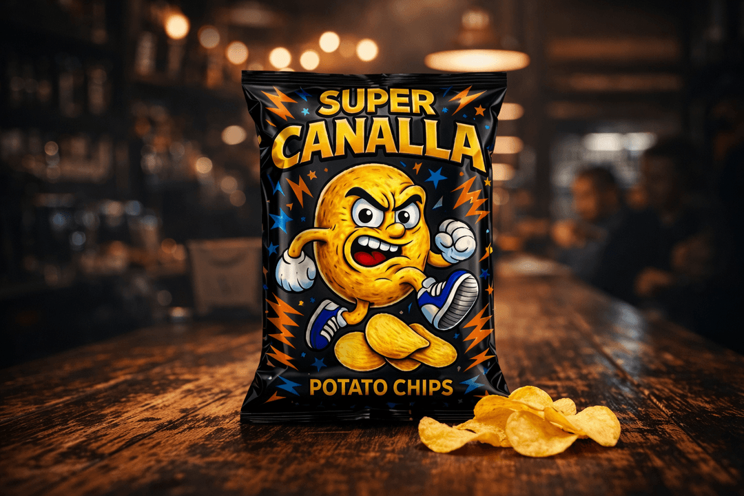 Bolsa de Super Canalla Chips 45g sobre barra de bar